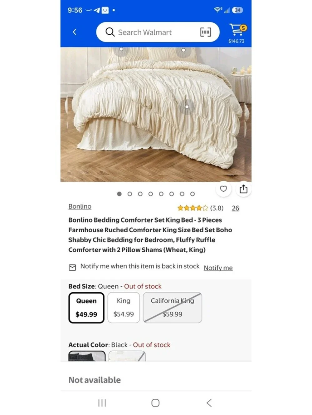 Bonlino Farmhouse Ruched Comforter King Size Bed Set 3 Pieces with Pillow Shams